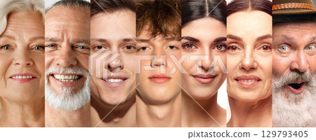 Collage of close up portraits of diverse people with emotional expressions 129793405