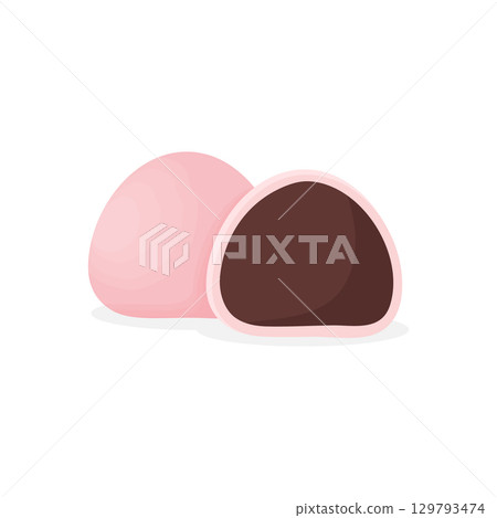 Mochi Daifuku isolated on white background. Japanese sweet rice cake cartoon dessert with adzuki. Vector illustration 129793474