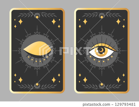 Celestial esoteric tarot card design with magical eye and celestial elements. Vector illustration 129793481