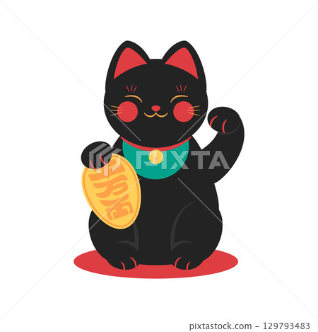 Black maneki neko beckoning cat with raised paw flat icon. Vector illustration of Japanese cartoon lucky cat. Wealth and talisman 129793483