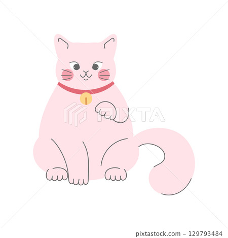 Cute hand drawn maneki neko beckoning cat with raised paw. Lucky cat isolated on white background 129793484