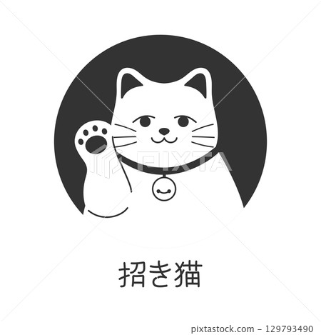 Monochrome hand drawn Maneki neko lucky cat icon. Symbol of wealth and luck. Vector illustration 129793490
