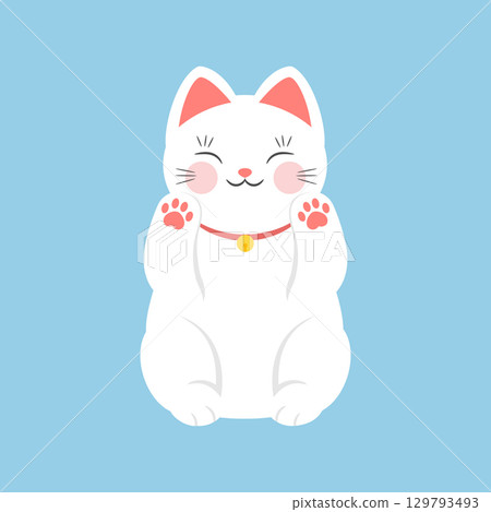 Cute white maneki neko beckoning cat with raised paws. Vector flat icon of Japanese lucky cat. Wealth and talisman 129793493