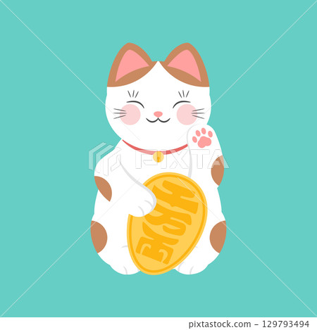 Cute white and ginger Maneki neko beckoning cat. Vector flat icon of Japanese lucky cat. Wealth and talisman 129793494