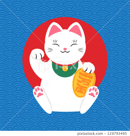 Beckoning cat Maneki neko on Asian wavy pattern background. Vector illustration 129793495