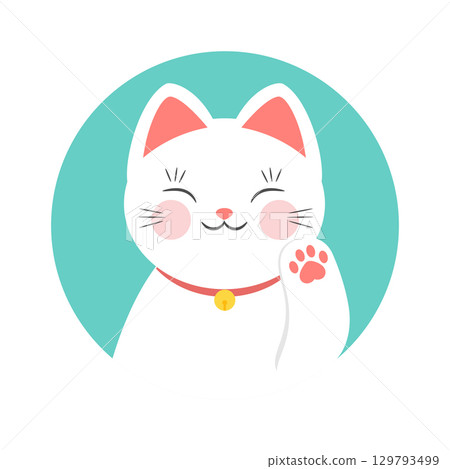 White beckoning cat Maneki neko round icon. Vector illustration 129793499