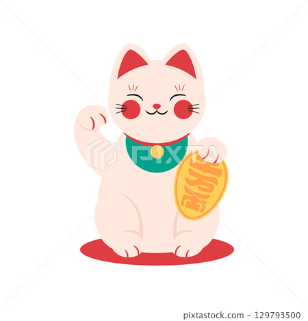Beckoning cat Maneki neko flat icon isolated on white background. Vector illustration 129793500