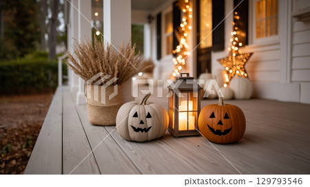 Halloween jack o lanterns with glowing lantern on cozy porch 129793546
