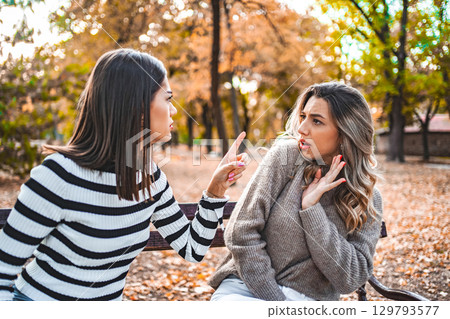Two women are sitting on a park bench and are angrily pointing fingers at each other Two women are sitting on a park bench and are angrily pointing fingers at each other 129793577