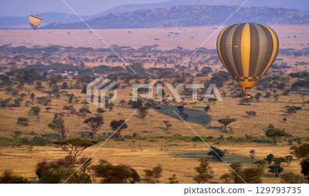 Hot air balloons soaring in the Serengeti morning 129793735
