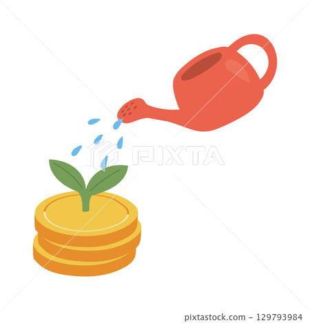 Illustration of investment and growth in which a sprout grows from a coin after being watered with a watering can Illustration of investment and growth in which a sprout grows from a coin after being watered with a watering can 129793984