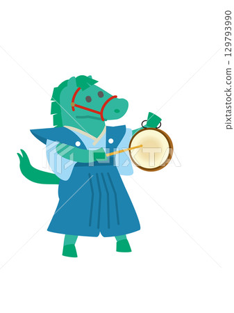 Illustration of the zodiac horse beating a drum for 2026, Year of the Horse, New Year's card 129793990