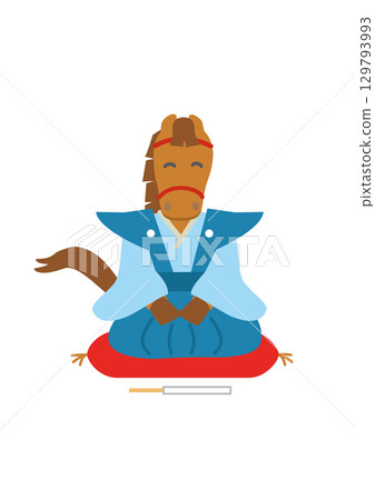 2026 年馬年新年賀卡插圖，一匹身穿和服的馬端坐著 129793993