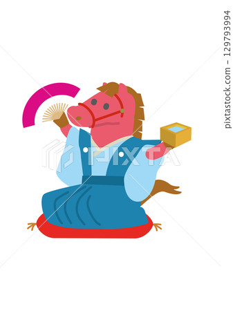 2026 Year of the Horse New Year's card illustration of a horse wearing a kimono and holding a wooden sake cup and a folding fan 2026 Year of the Horse New Year's card illustration of a horse wearing a kimono and holding a wooden sake cup and a folding fan 129793994