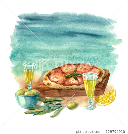 Italian traditional pizza, limoncello and olives with olive branch on the sea background. Watercolor hand drawn illustration for menu design, packaging and printing Italian traditional pizza, limoncello and olives with olive branch on the sea background. Watercolor hand drawn illustration for menu design, packaging and printing 129794010