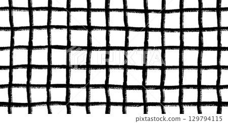 Seamless textured pattern square grid, black and white ornament of lines and squares. Pencil or crayons drawing. Vector illustration. 129794115