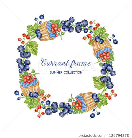 Round frame with currant berries and sweet cupcakes. Watercolor design with ripe berries and festive muffins. Wreath for greeting cards, invitations, cookbooks, menus, and birthdays. Round frame with currant berries and sweet cupcakes. Watercolor design with ripe berries and festive muffins. Wreath for greeting cards, invitations, cookbooks, menus, and birthdays. 129794278