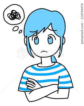 一名雙臂交叉、憂心忡忡的女子（藍色） 129794479