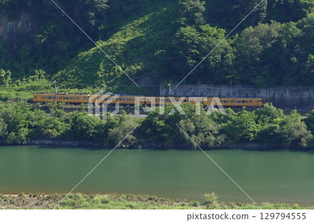 Takahashi River in early summer and the Hakubi Line 115 series train (four-car train: one-man train) Takahashi River in early summer and the Hakubi Line 115 series train (four-car train: one-man train) 129794555