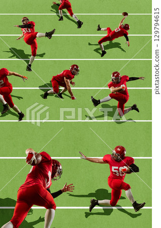 Contemporary collage. American football players in red uniforms performing multiple intense actions on field 129794615