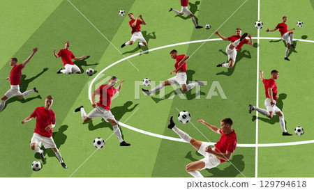 Graphic composition. Multiple action poses of male soccer player in red jersey on green field 129794618