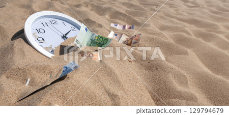 Clock and euro banknotes sinking in sand: time is money concept Clock and euro banknotes sinking in sand: time is money concept 129794679