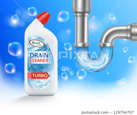 Bottle with drain cleaner. Cleaning clogged sewer pipes 129794707