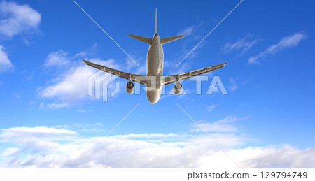 Passenger airplane flying in blue sky on sunny day Passenger airplane flying in blue sky on sunny day 129794749