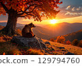 the bear resting  at sunset in autumn 129794760