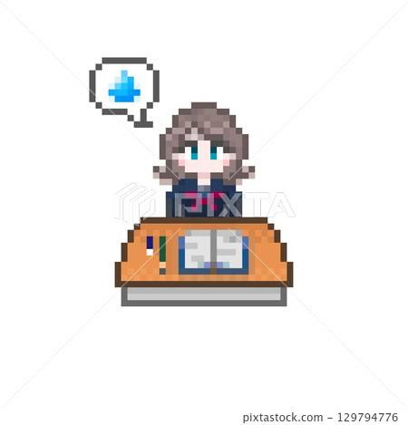 A female student studying at a pixel art desk and a speech bubble sweat mark 129794776