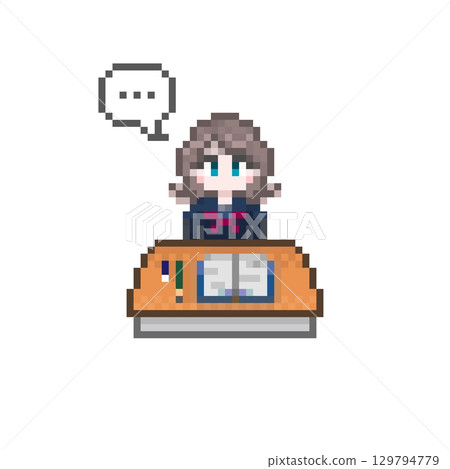 Female student studying at a pixel art desk and speech bubble Female student studying at a pixel art desk and speech bubble 129794779