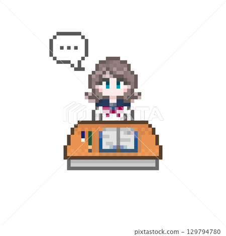 Female student studying at a pixel art desk and speech bubble Female student studying at a pixel art desk and speech bubble 129794780