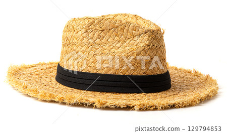 Straw hat with black ribbon isolated on white background Straw hat with black ribbon isolated on white background 129794853
