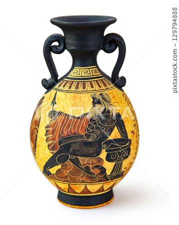 Ancient greek vase depicting god zeus holding spear and sitting on rock Ancient greek vase depicting god zeus holding spear and sitting on rock 129794888