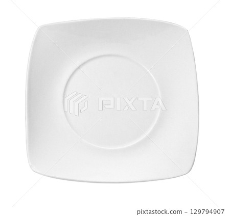 Empty square white plate on white background 129794907