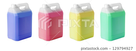 Four plastic gallons containing colorful cleaning liquids on transparent background 129794927