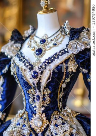 Elaborate royal blue gown adorned with gems and gold embroidery on a mannequin. Elaborate royal blue gown adorned with gems and gold embroidery on a mannequin. 129794980