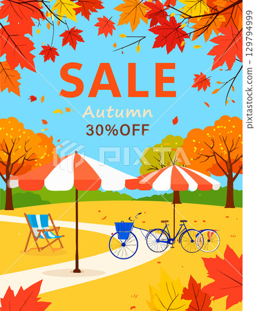 令人興奮的秋季促銷傳單,描繪了秋葉下寧靜的秋日景色 令人興奮的秋季促銷傳單,描繪了秋葉下寧靜的秋日景色 129794999