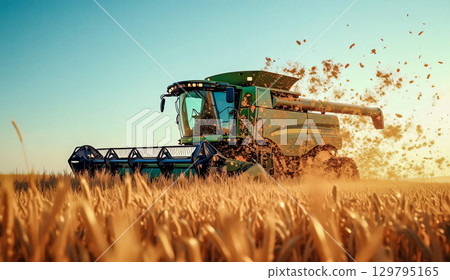 A combine harvesting wheat in a field.  A large, modern combine harvester with a spacious glass cabin works in a golden wheat field. 129795165
