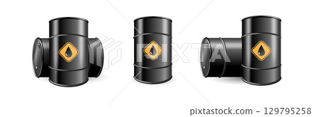 Black barrels for cruel oil or petroleum. Design Template of Packaging for Mockup. Vector Black barrels for cruel oil or petroleum. Design Template of Packaging for Mockup. Vector 129795258