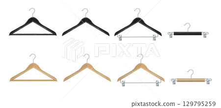 Clothes hanger isolated on white background. Wooden hanger Realistic vector clothes hanger wooden hanger closeup isolated on background. Design template, clipart or layout for graphics. Vector 129795259