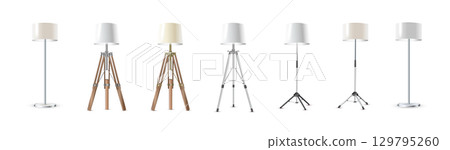 Lamp Set Closeup Isolated on White Background. Floor Lamps. Electric Torcher for Interior Design, Energy Furniture. Vector 129795260