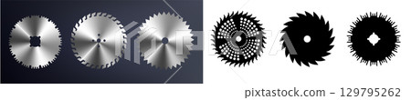 Circular saw blade. Round carpentry tool icons. Industrial rotary wheels. Vector 129795262