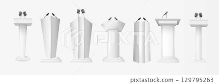 Podium tribune with microphones isolated on transparent background. Design rostrum stands. Abstract concept graphic element for business presentation, conference. Vector Podium tribune with microphones isolated on transparent background. Design rostrum stands. Abstract concept graphic element for business presentation, conference. Vector 129795263