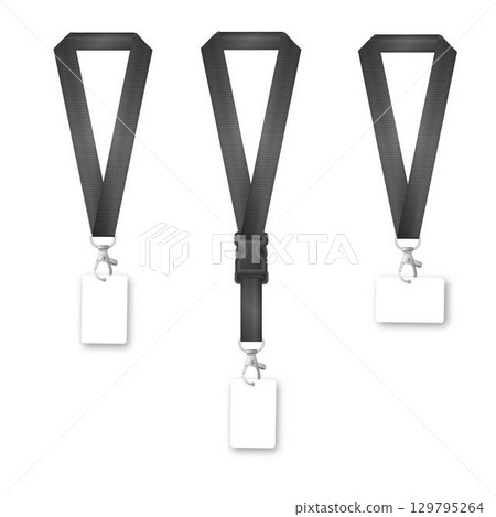 Badges Lanyard design. Identification card with ribbon. Metal closure and card with plastic. Accreditation for events congresses and companies. Vector Badges Lanyard design. Identification card with ribbon. Metal closure and card with plastic. Accreditation for events congresses and companies. Vector 129795264
