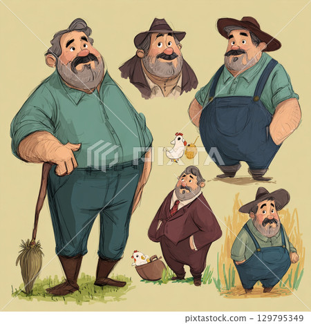 Cartoon Farm Scene with Playful Colors and Happy Farmer 129795349