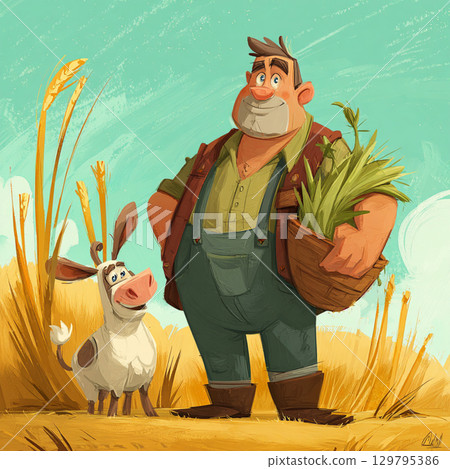 Cartoon Farm Scene with Playful Colors and Happy Farmer 129795386