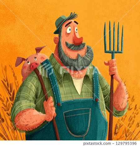 Cartoon Farm Scene with Playful Colors and Happy Farmer 129795396