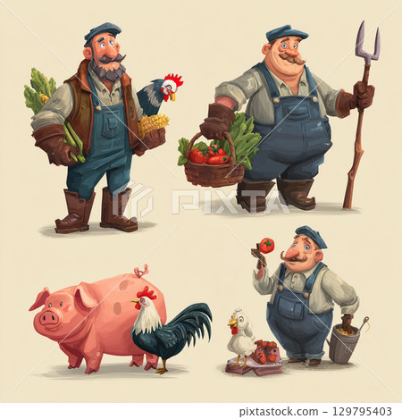 Cartoon Farm Scene with Playful Colors and Happy Farmer 129795403
