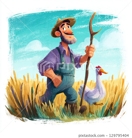 Cartoon Farm Scene with Playful Colors and Happy Farmer 129795404